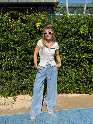 Drawstring Wide Leg Jeans Denim