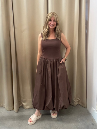 Chocolate Brown Balloon Hem Sleeveless Midi Dress