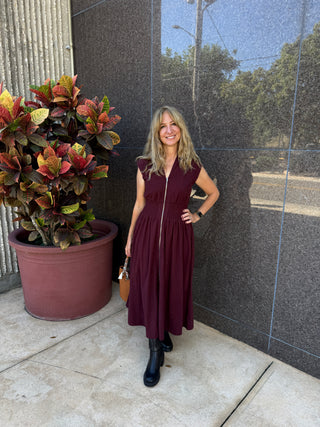 Corduroy Midi Dress Zip Front Burgundy Cap Sleeve
