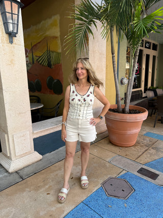 Rose Bud Knit Top Ivory by Free People Cream Knit Top with Embroidery