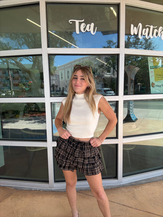 Ruffle Plaid Tiered Skort Tiered ruffle black cream brown elastic waist