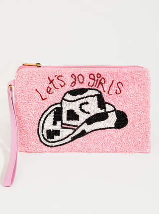 Beaded Pink Lets Go Girls Coin Bag  Zippered, lined bag to hold all your necessary things   Approx. 7" x 4.5"