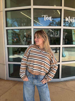 Striped Long Sleeve Polo Shirt 3 button cropped