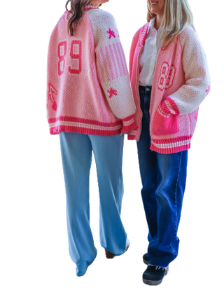 Varsity Knit Letterman Sweater in Strawberry Pink