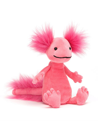 Alice Axolotl Small  Loveably luminous, Alice Axolotl is a whole lot of kooky in hot pink floof! This ambling amphibian is bubblegum-bright, with squidgy-soft feet, a goofy grin and a supercool long fuzzy tail! Alice waggles her tufty gills as she trots along the sea bed!
