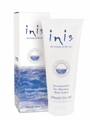 Inis invigorating sea mineral body scrub. Whisks away dullness with finely ground exfoilating pumice, while sea minerals and jojoba beads recharge and smooth the skin leaving behind a buffed glow and invigorated feeling. 225ml
