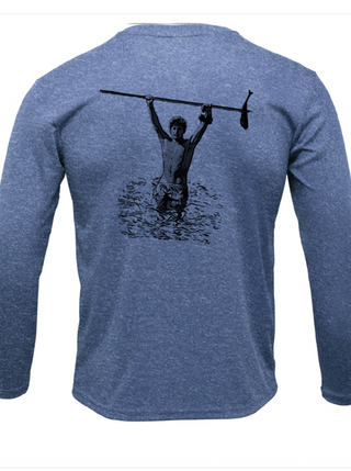 UPF 50 Long Sleeve Performance shirt. man coming out of water with a fish on a sprear