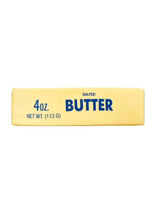 A Squishable toy Butter package label with '4oz. Salted Butter' text on a white background