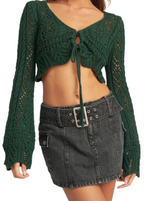 Alpine Forest Crochet Crop Sweater  Cotton crochet cropped sweaater with bell sleeves and tie front.  Material:  100% Cotton