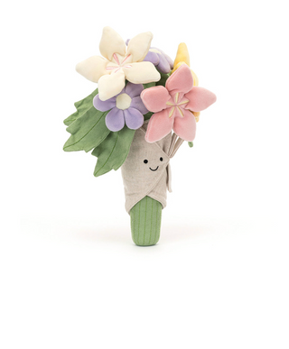 A plush fabric flower bouquet toy with pastel-colored flowers, green leaves, and a smiling face on a white background, with product text and price details below.