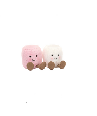Two plush marshmallow toys, one pink and one white, on a Jellycat website page.