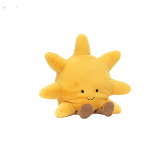 Yellow plush sun toy on a white background with product details.