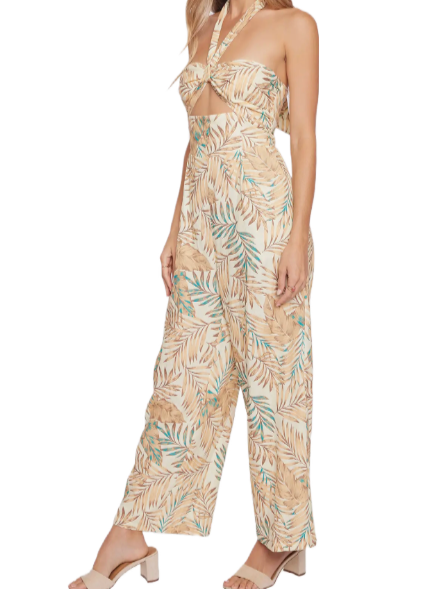 Anafi Palm Jumpsuit  This Anafi Palm Jumpsuit is the perfect blend of style and comfort. Constructed of a breathable linen blend, it features a tropical print, halter top detail, and wide leg pants. The bust offers a shirring bust panel with keyhole center detail. Smocking in the back and an adjustable tie at the neck finish off this daring look. Enjoy the perfect balance of fashion and function with this jumpsuit.