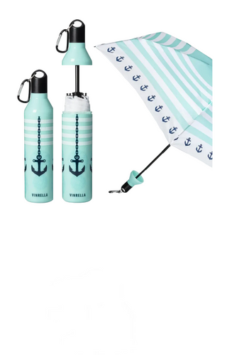 A nautical-themed water bottle and matching umbrella set by Vionella. The set features a mint green insulated bottle with a black carabiner, a navy anchor print, and white horizontal stripes, shown both closed and open.
