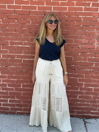 woman in Artisan Natural Tiered Wide Leg Pants