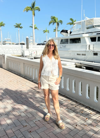 Ava High Rise Carpenter Shorts in Off White Denim