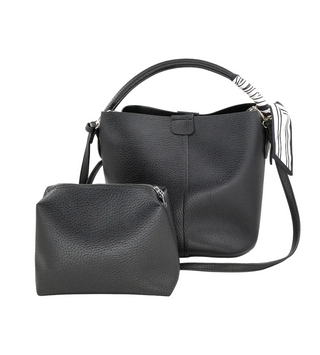 A black pebbled leather bucket bag with a matching zippered pouch, displayed on a clean white background. The bucket bag features a top handle, a shoulder strap, and a decorative black and white striped ribbon tied to the handle.