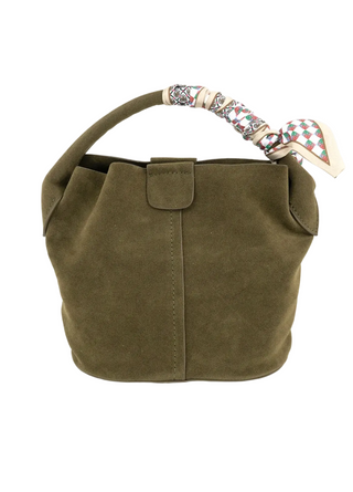 An olive green suede bucket bag with a decorative patterned scarf handle, shown against a plain white background with a grey info banner at the bottom.
