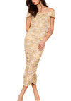 Banana Floral Twist Midi Dress  Chest twisted off shoulder maxi dress. 95% POLYESTER 5% SPANDEX