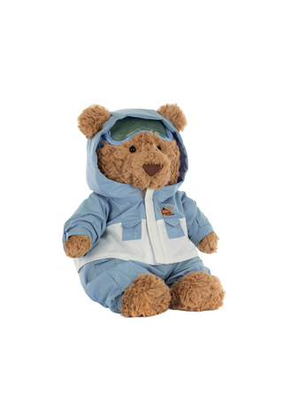 Teddy bear wearing a blue hoodie on a white background