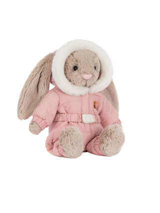 Plush bunny toy in a pink snow suit on a white background