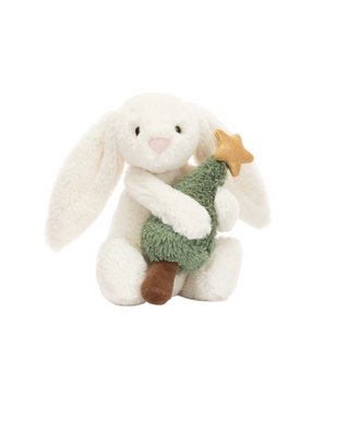 White plush bunny with a green Christmas tree and gold star on a white background