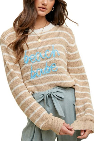 Beach Babe Long Sleeve Knit Sweater  MULTI-STRIPED LIGHTWEIGHT SWEATER - TAUPE/IVORY  Material: 100% POLYESTER