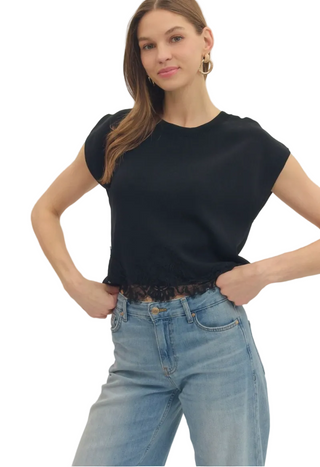a woman wearing Black Lace Trim Cap Sleeve Sweater Top