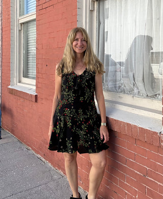 a woman wearing a Black & Red Floral  Print Mini Dress