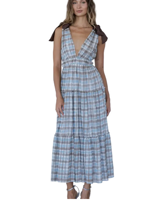 a woman wearing a Blue Brown Plaid Bow Maxi Dress