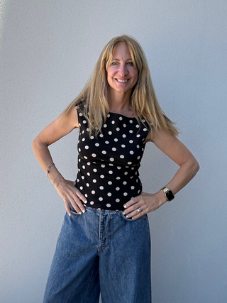 woman in Boat Neck Polka Dot Top- Black