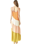  Boho Color Block Maxi Dress features a v neck, adjustable spaghetti straps with a  loose and comfy design. Back View.  100% Polyester