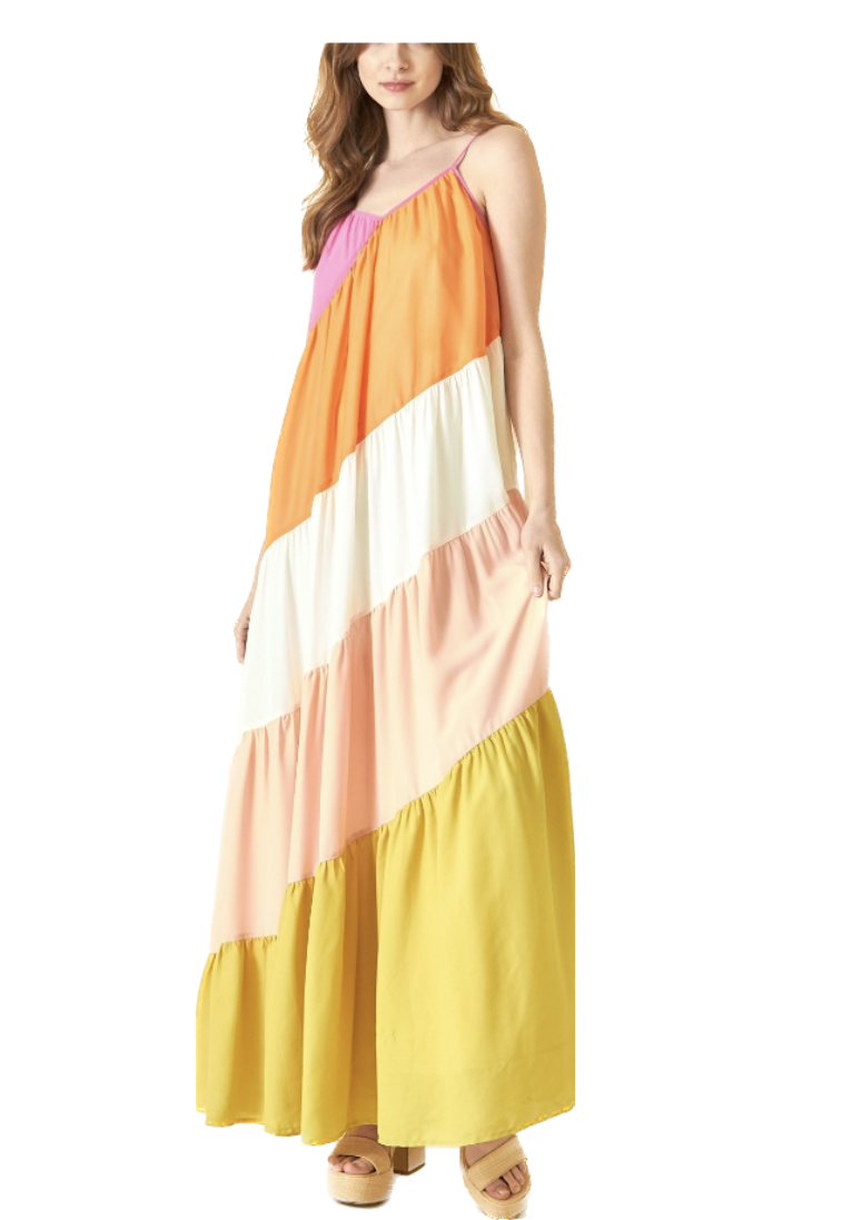  Boho Color Block Maxi Dress features a v neck, adjustable spaghetti straps with a  loose and comfy design.   100% Polyester