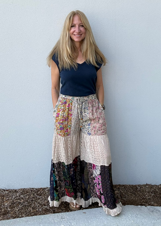 women in boho patchwork tiered lace pants