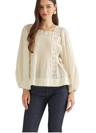 a woman wearing a cream Boho Square Neck Lace Trim Top