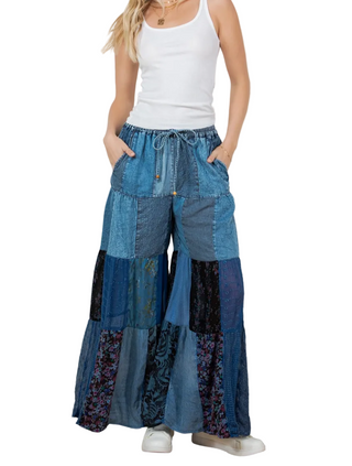 Boho Tiered Patchwork Multi Print Denim Pants
