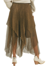a sparkly bronze midi tiered tulle skirt is a show-stopping piece of fashion that combines the charm of tulle with the allure of a metallic bronze hue, resulting in a glamorous and eye-catching garment that is perfect for making a statement at special occasions and events.(back)