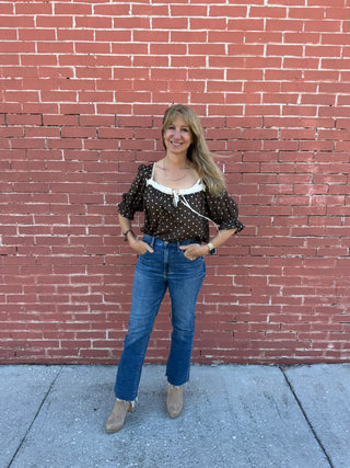 Brown Polka Dot Top with Lace Detail  short sleeve elastic at the elbow square neck