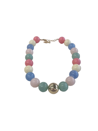 Colorful beaded necklace on a white surface