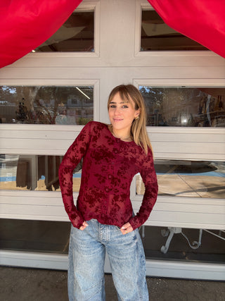 Button Up Burn Out Velvet Top Burgundy long sleeve