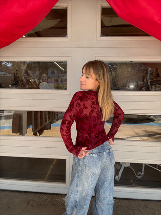 Button Up Burn Out Velvet Top Burgundy