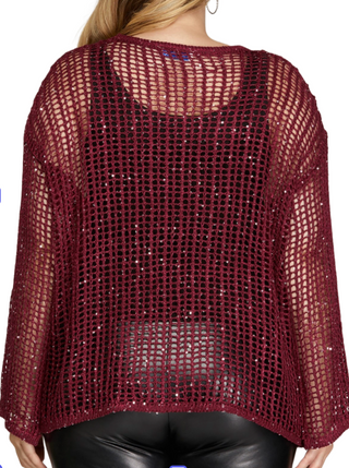Cabernet Mesh Elegance Top  This long sleeve fish-net sweater top is a trendy and daring fashion statement. Its alluring design combines a classic silhouette with an edgy twist, featuring intricate fish-net detailing and shimmering sequins that add a touch of glamour. Perfect for adding a bold and stylish touch to your outfit.  100%Polyester back