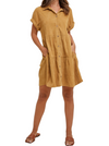 Camel Cozy Corduroy Tiered Dress  A fun camel corduroy mini dress with tiered layers and short cuffed sleeves. The button-front detail adds a classic touch, while the warm camel color exudes timeless comfort and versatility. This dress effortlessly combines comfort and style for a fashionable ensemble.  Material:  80% Polyester, 8% Nylon, 2% Spandex