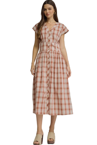 a woman wearing a Camel & Maroon Plaid Cap Sleeve Midi Dress