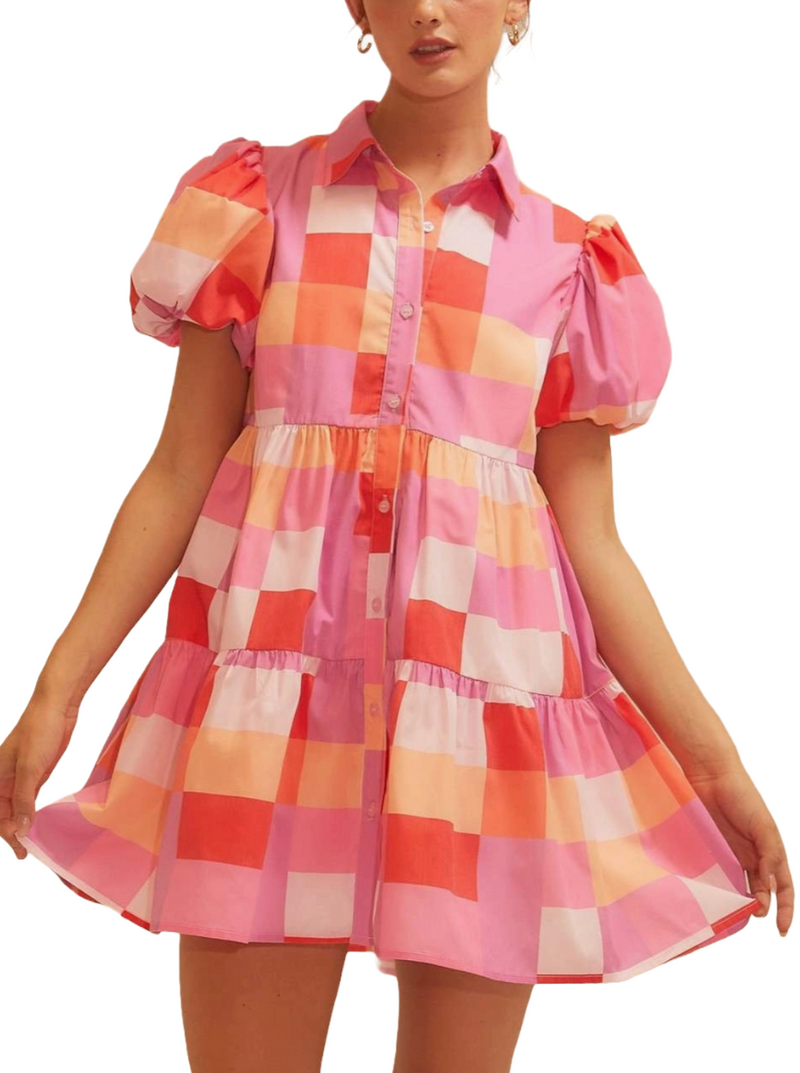 Candy-Coated Flirty Dress  The pink plaid babydoll shorty with the button-up front and puffed sleeves is a total "Boujee Babe" vibe, serving up cute and sassy in one swingy package. Rock it, and you're basically saying, "I make casual look chic."  Material:  100% Polyester