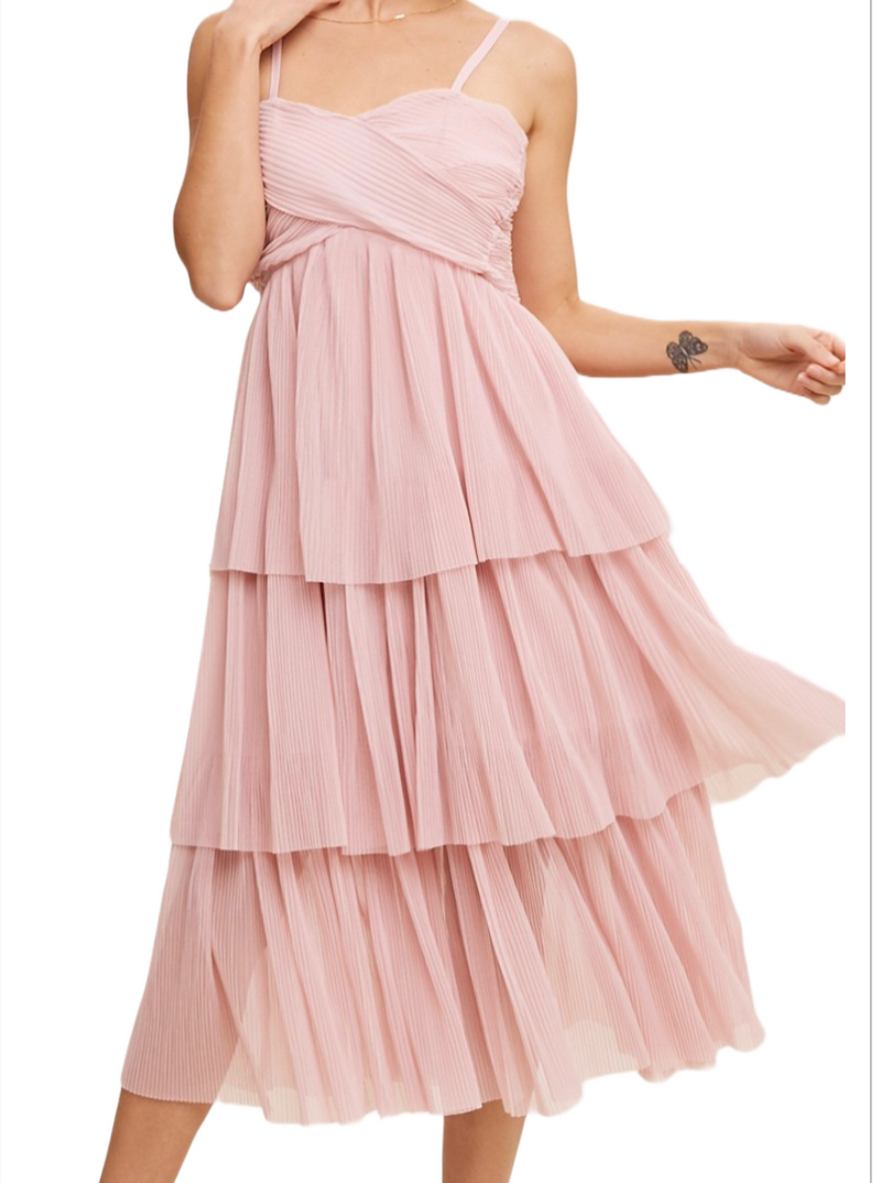 Champagne Toast Ruffled Tulle Dress  Tiered ruffle tulle midi dress  - Adjustable shoulder strap  - Zip Closure on back  - Lined  100% Polyester