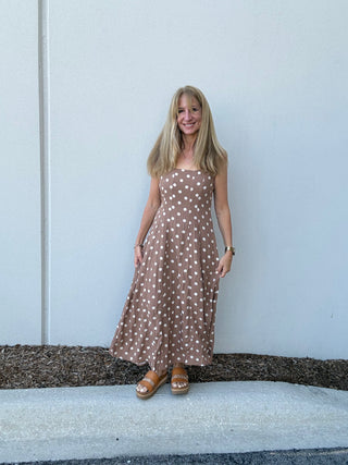 woman in a brown Charming Polka Dot Midi Dress