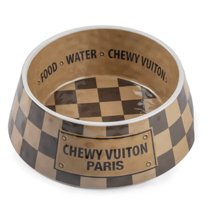 Checkered pet bowl with 'Chewy Vuiton' branding on a white background