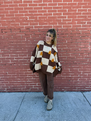 Checkered Gingerbread Sweater Brown Cream Oversized  Side Slit