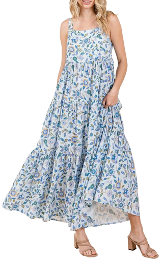 Cool Blue Fields Of Flowers Maxi  Dress